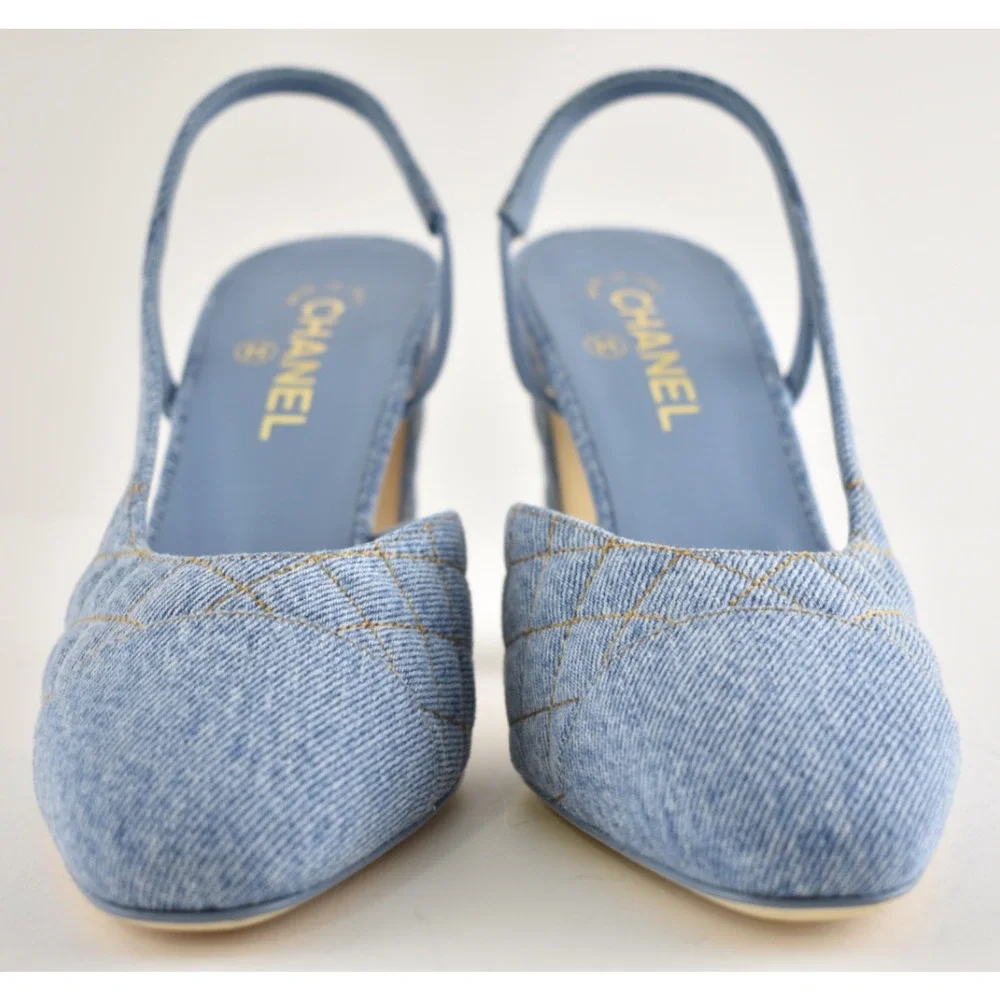 Chanel 26B Light Blue Denim Quilted Coco Sling Slingback Block Heel Pump 39.5c